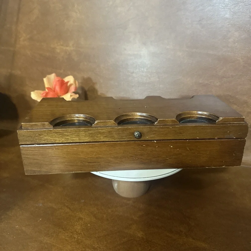 Vintage Wood Wooden Jewelry Box Gold Yellow Velvet Lined 12X5X3